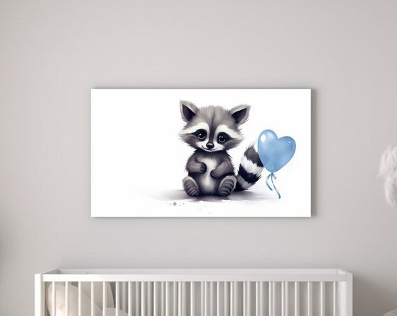 Baby Boy Raccoon With Blue Heart Balloon Cute Nursery Wall Art Poster