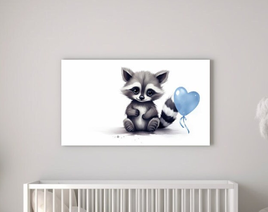 Baby Boy Raccoon With Blue Heart Balloon Cute Nursery Wall Art Poster