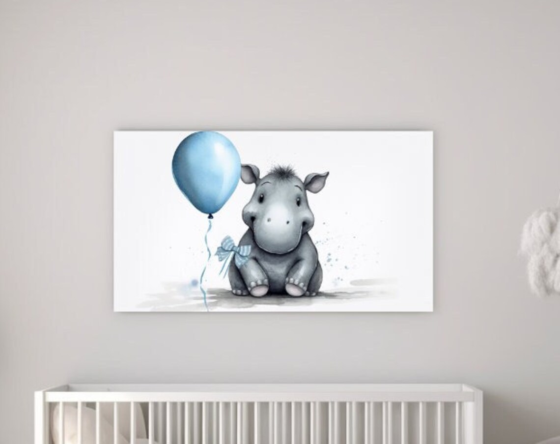 Cute Baby Hippo Blue Balloon Nursery Watercolor Gray Kids Room Wall Print