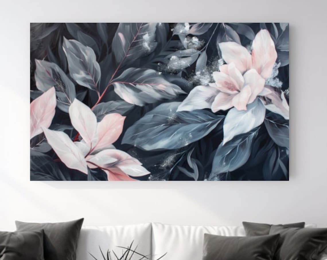 Blush Pink Leaves Dark Moody Botanical Print With Floral Glow