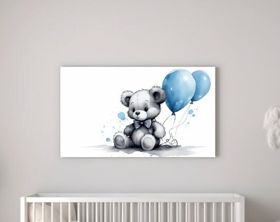 Gray Teddy Bear With Blue Balloons Watercolor Boy Nursery Art Poster