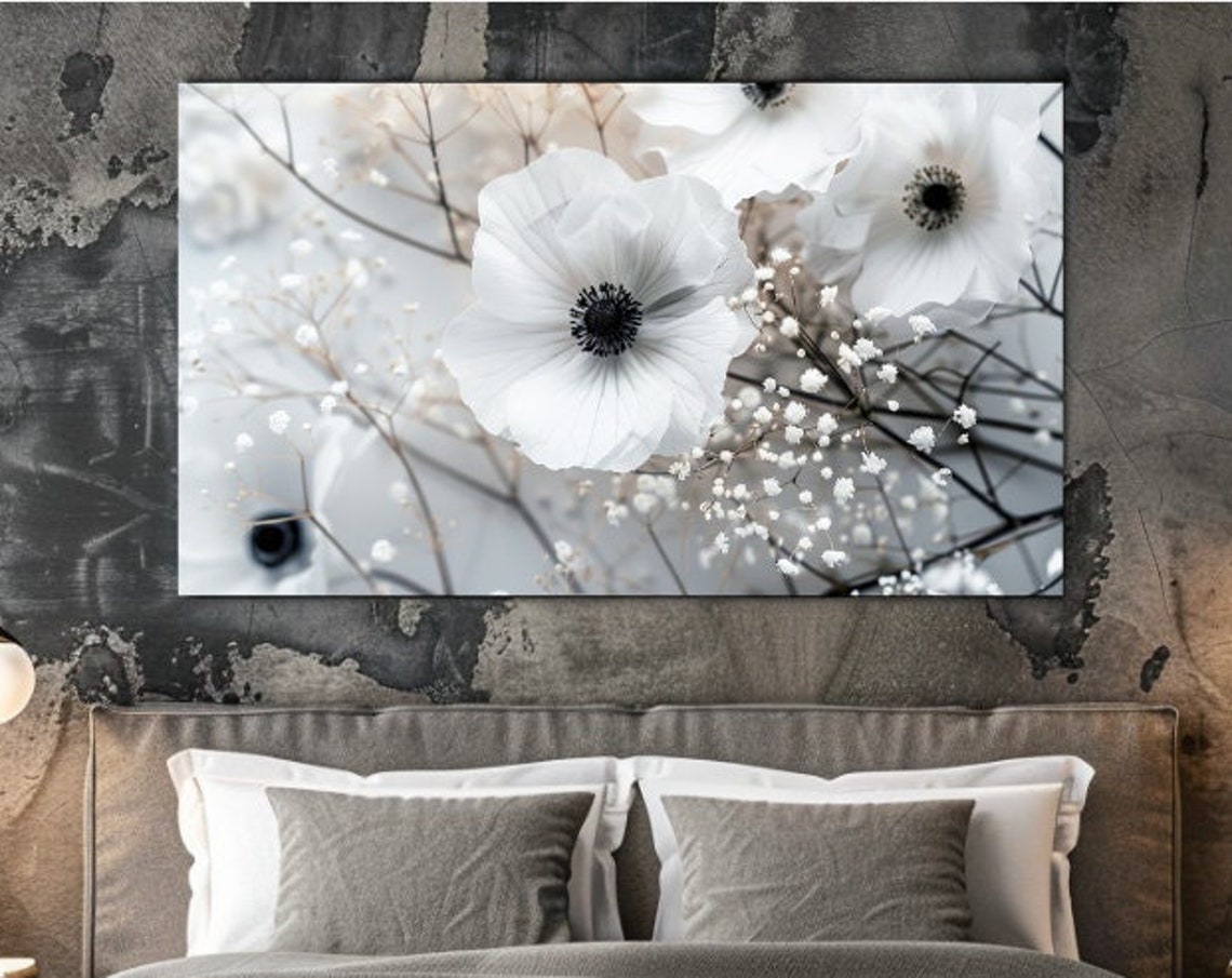 White Anemone Blooms With Baby's Breath On Soft Grey Background Poster