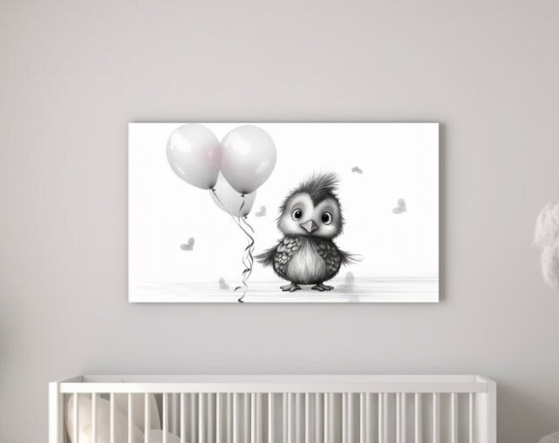 Cute Baby Bird Holding White Balloons Monochrome Nursery Wall Art