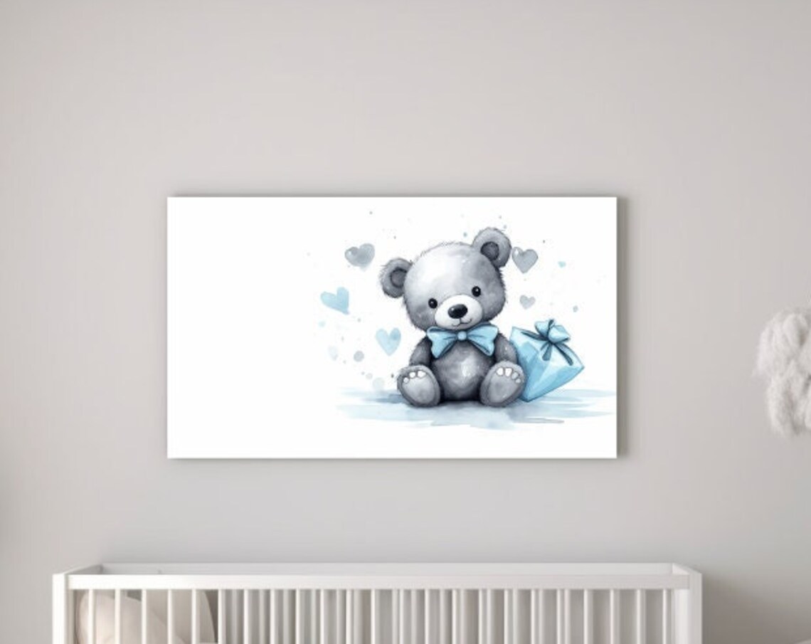 Cute Baby Bear Blue Bow Hearts Nursery Watercolor Boys Room Wall Art Print