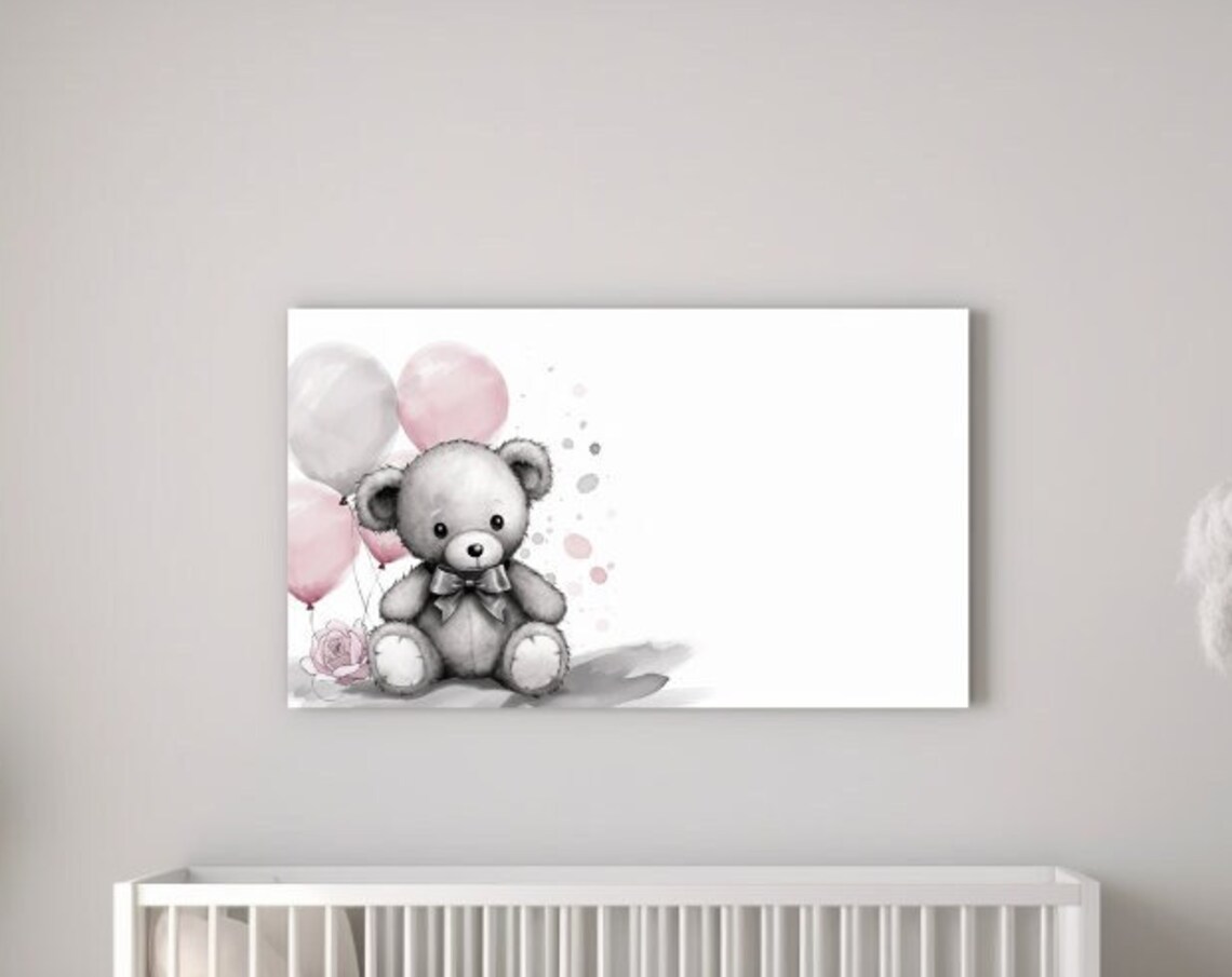 Gray Teddy Bear With Pink Balloons Watercolor Girl Nursery Art Poster