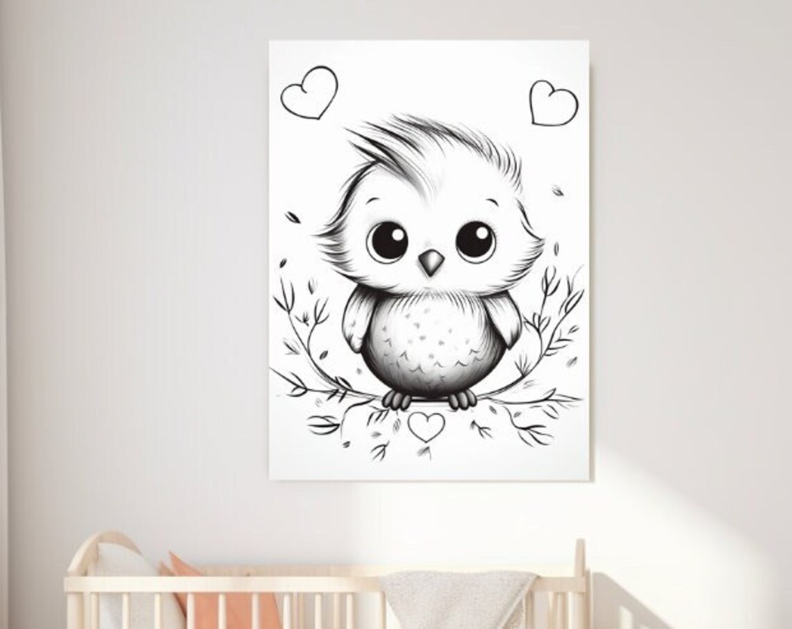 Cute Baby Bird Sketch With Hearts Black And White Nursery Art Poster