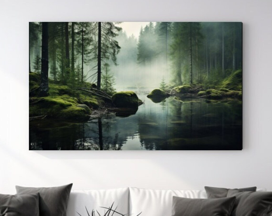 Misty Mossy Forest Lake Reflection Foggy Green Woodland Nature Poster
