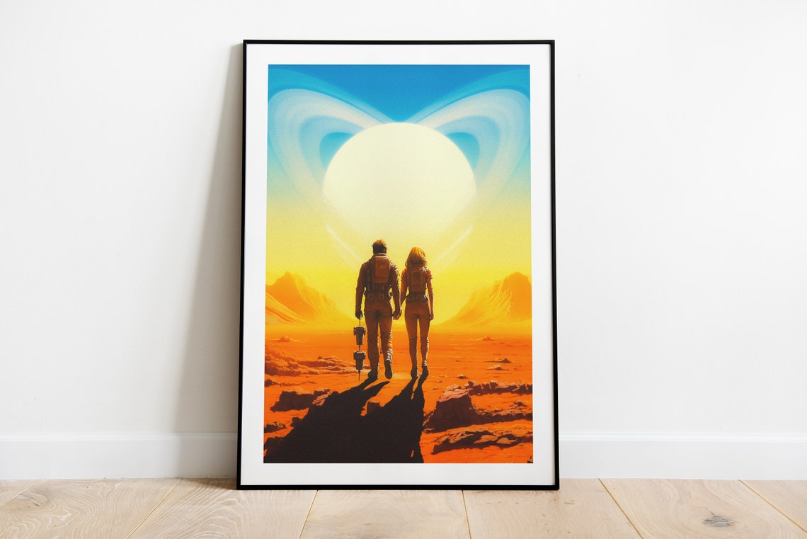 Saturn Love Couple Walking Alien Sunset Ringed Planet Sky Wall Art