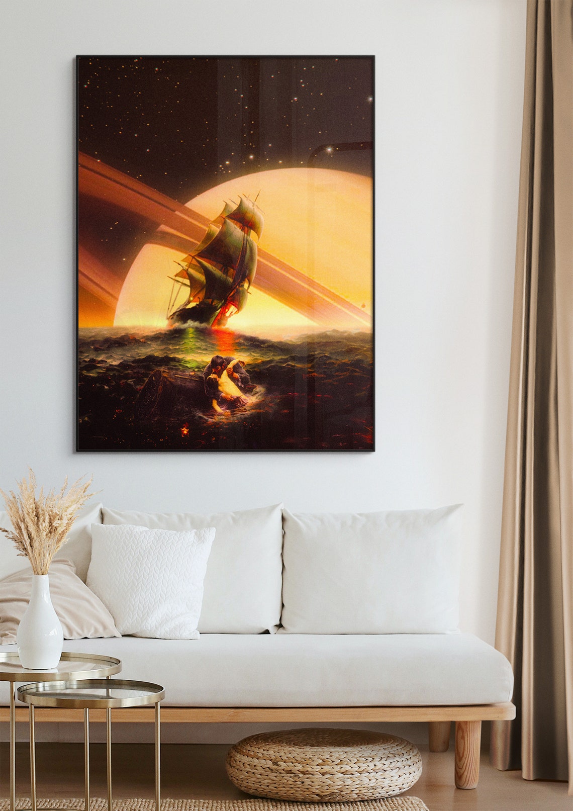 Cosmic Voyage Tall Ship Sailing Beneath Ringed Planet Sci Fi Poster - Image 2
