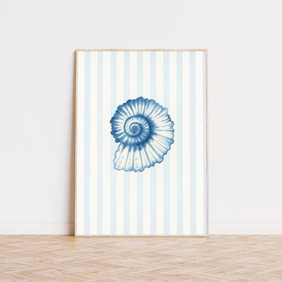 Blue Ammonite Shell Watercolor Striped Coastal Beach House Art Poster