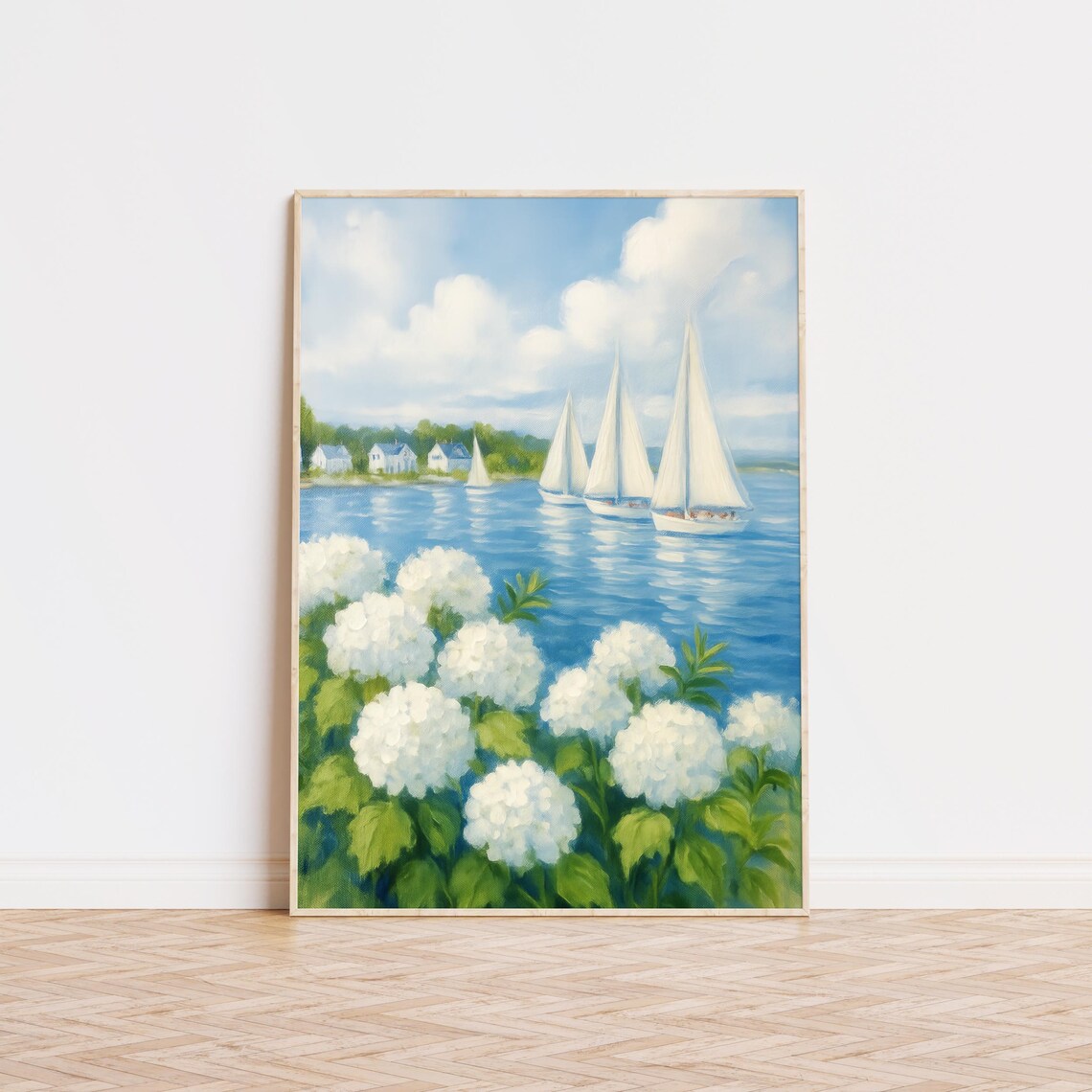 Sailboats on Blue Water White Hydrangeas Coastal Oil Painting Poster
