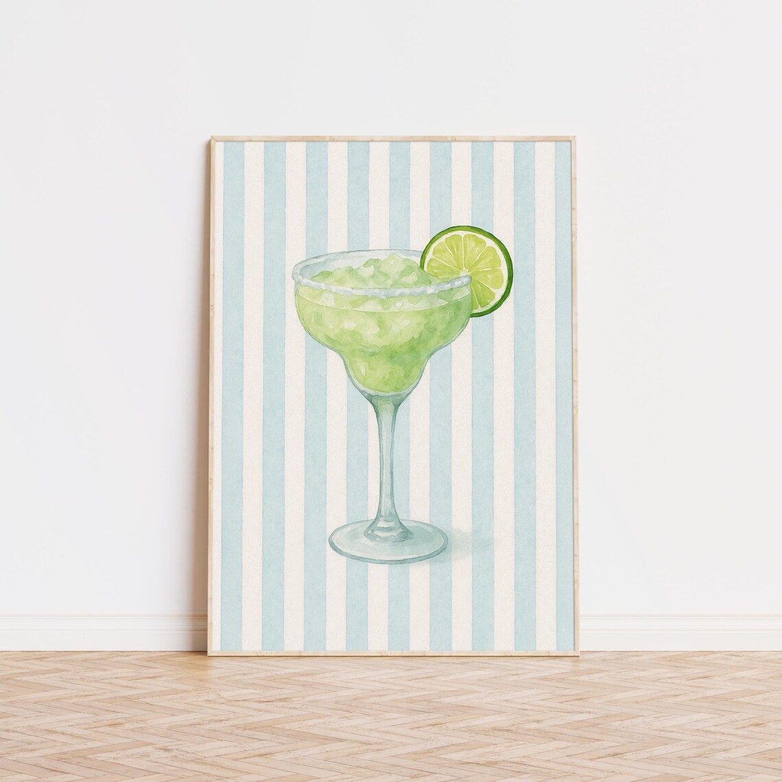 Margarita Watercolor Cocktail Lime Striped Coastal Bar Cart Art Poster