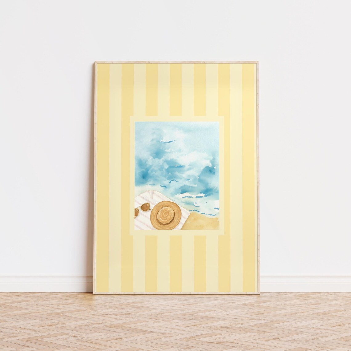 Sunny Beach Scene Straw Hat Sunglasses Yellow Striped Summer Poster