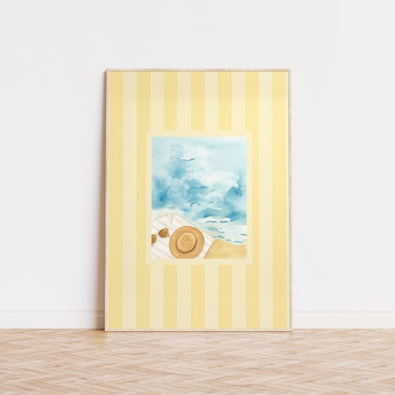 Sunny Beach Scene Straw Hat Sunglasses Yellow Striped Summer Poster