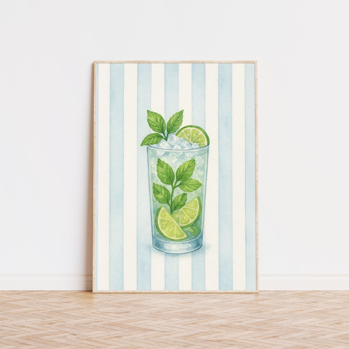 Mojito Watercolor Cocktail Mint Lime Striped Coastal Bar Cart Poster