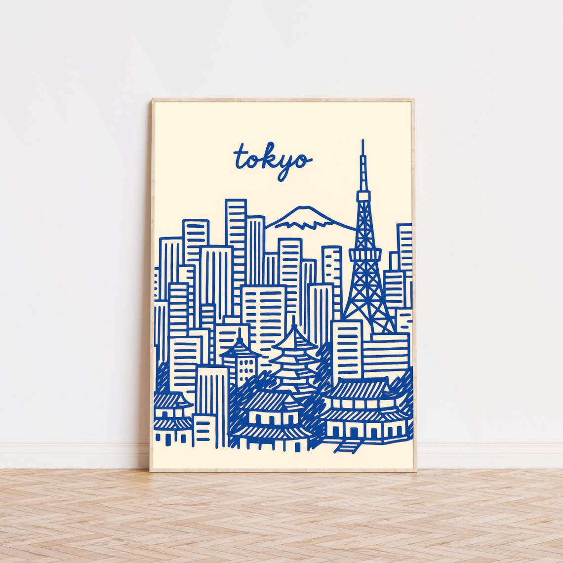 Tokyo Blue Line Art Skyline With Tower Pagodas and Fuji Poster