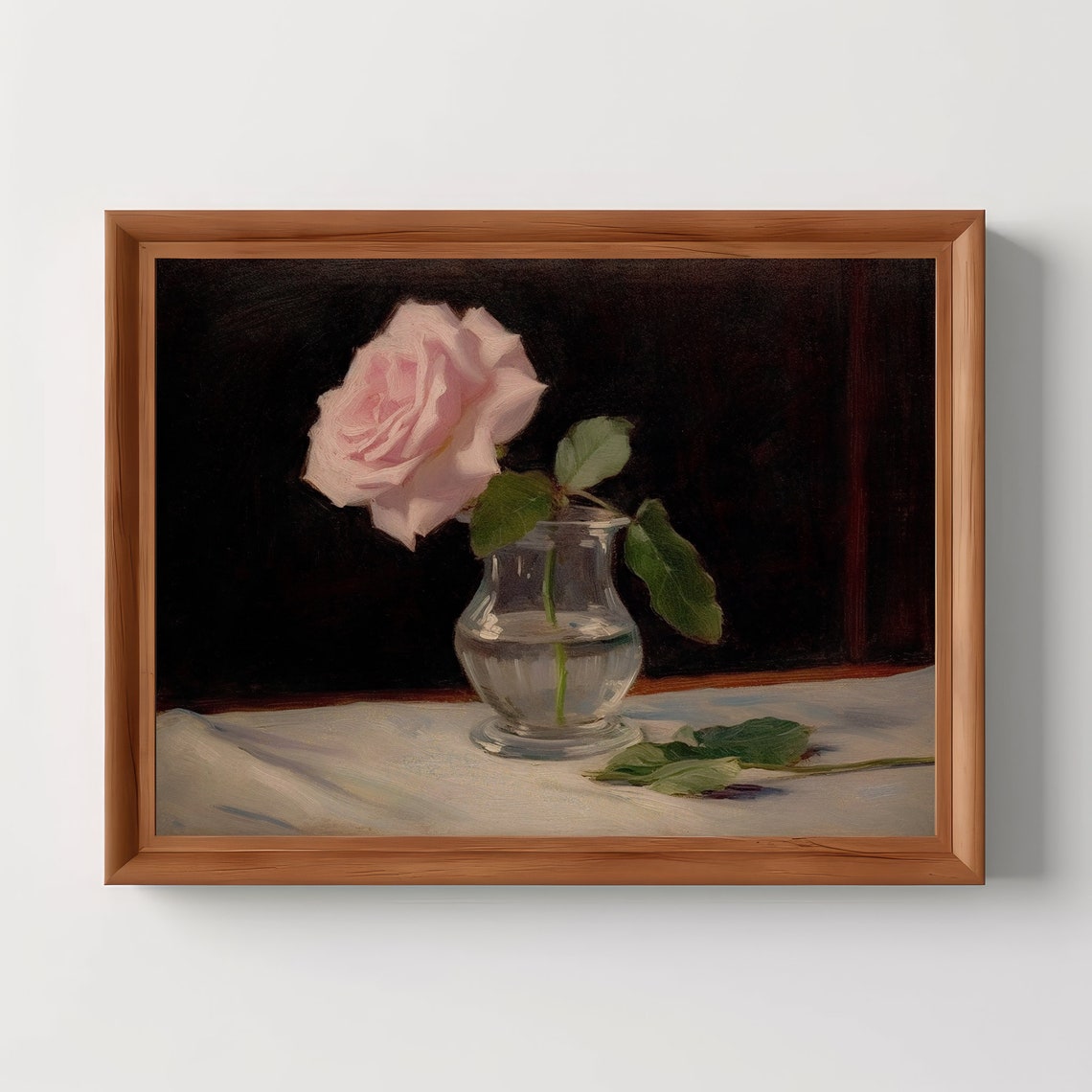 Pink Rose In Glass Flower Still Life Oil Painting Vintage Floral Vase French Antique Art Print Dark Academia