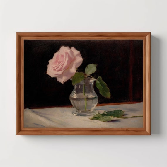 Pink Rose In Glass Flower Still Life Oil Painting Vintage Floral Vase French Antique Art Print Dark Academia