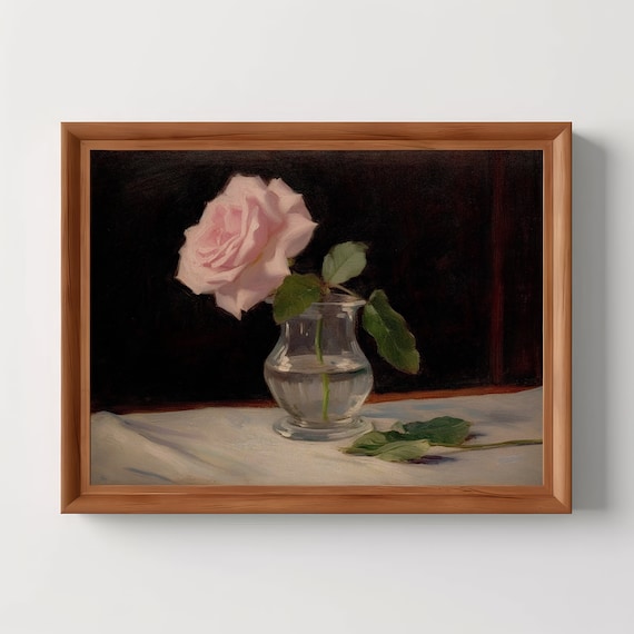 Pink Rose In Glass Vase Moody Dark Academia Floral Oil Painting Poster