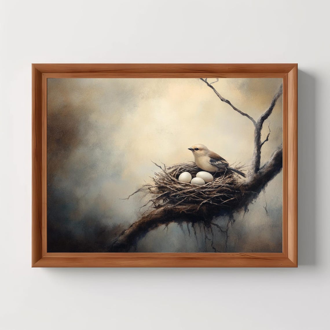 Serene Bird on Nest with Eggs Bare Branch Moody Nature Oil Poster