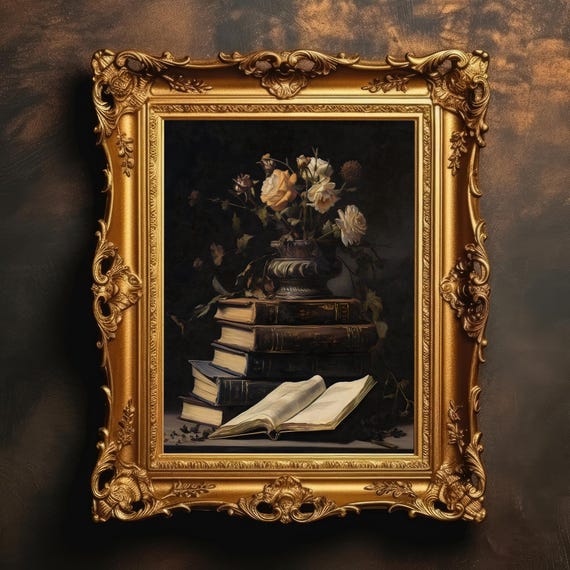 Timeless Still Life Books And Flowers Gothic Art Print
