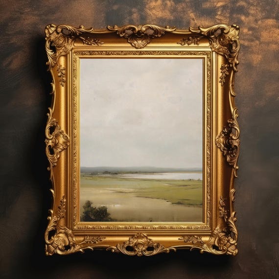 Vast Landscape Muted Vintage Painting Green Tonal Coastal Wall Art Moody Print Country Decor