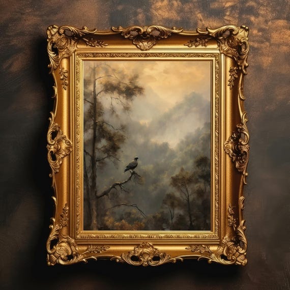 Bird Forest Painting Ethereal Wall Art Vintage Print Moody Room Decor Misty Tree Landscape