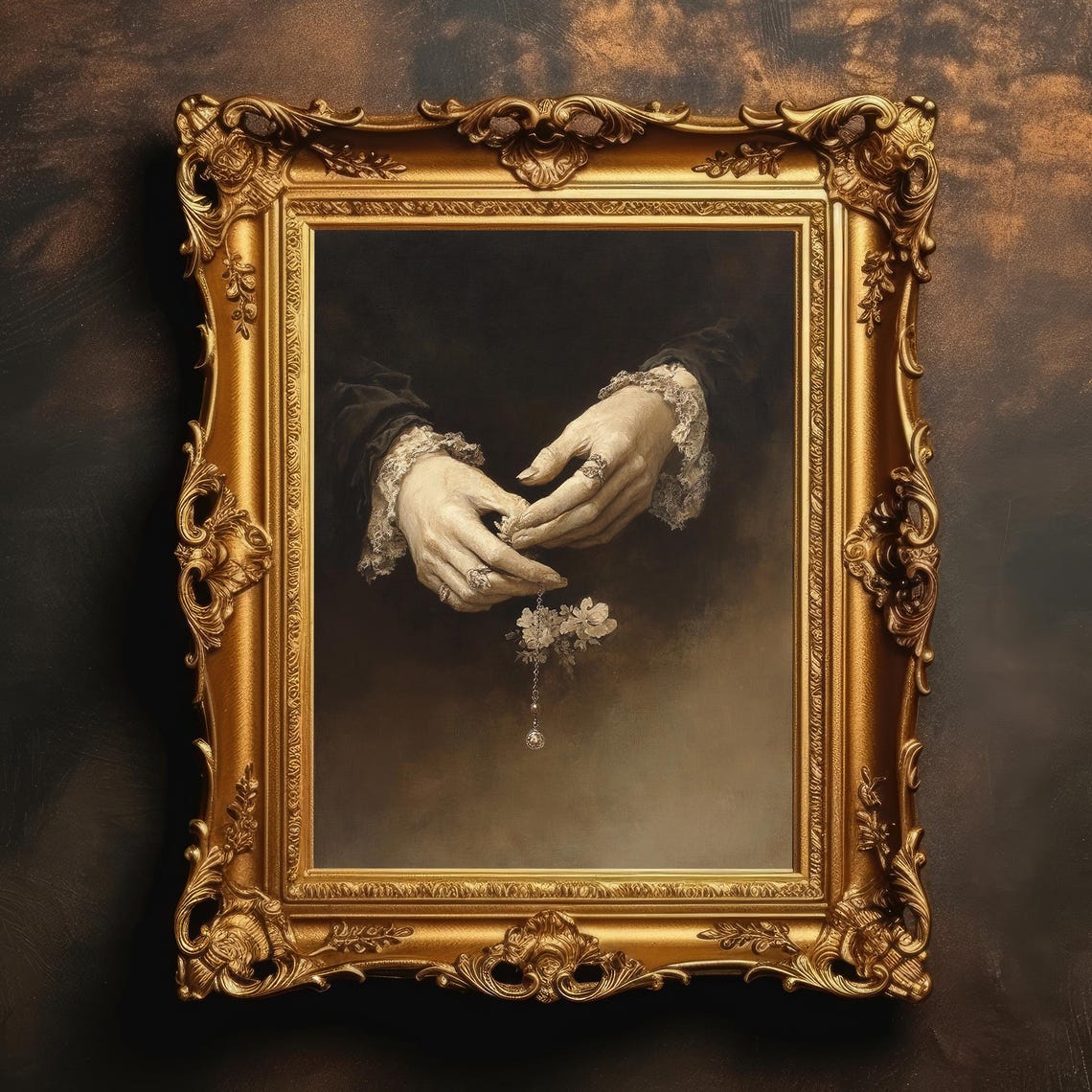 Victorian Hands Lace Cuffs Holding Flower Pendant Dark Art Poster