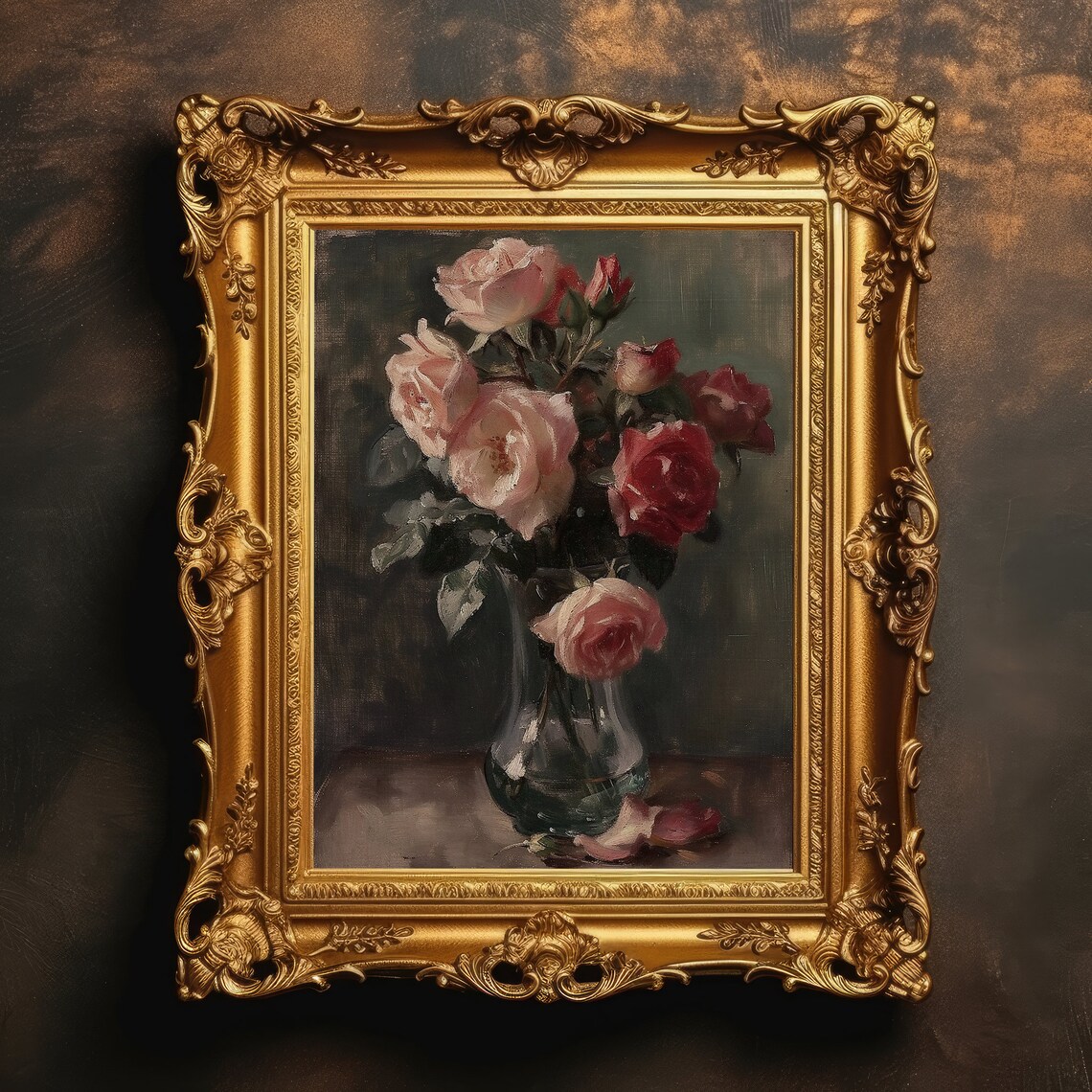 Still Life Roses Botanical Vintage Oil Art Print