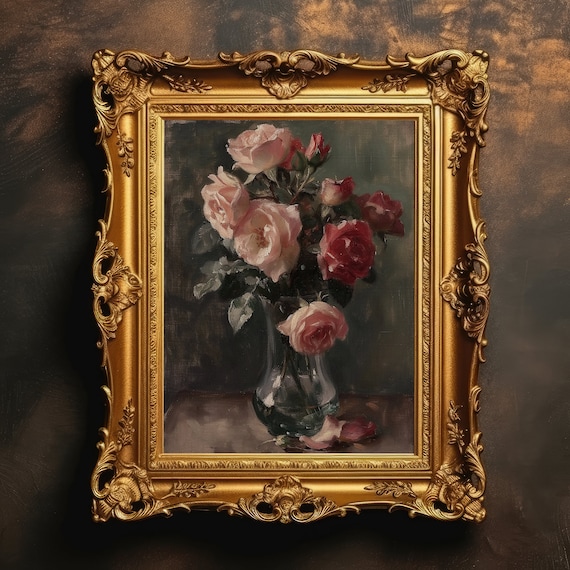 Still Life Roses Botanical Vintage Oil Art Print