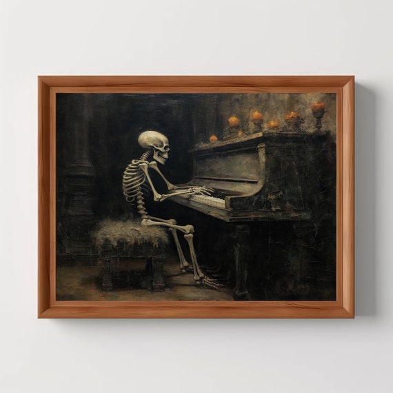 Skeleton Piano Dark Academia Prints Halloween Gothic Wall Art Goth Decor Oil Painting Spooky Horror