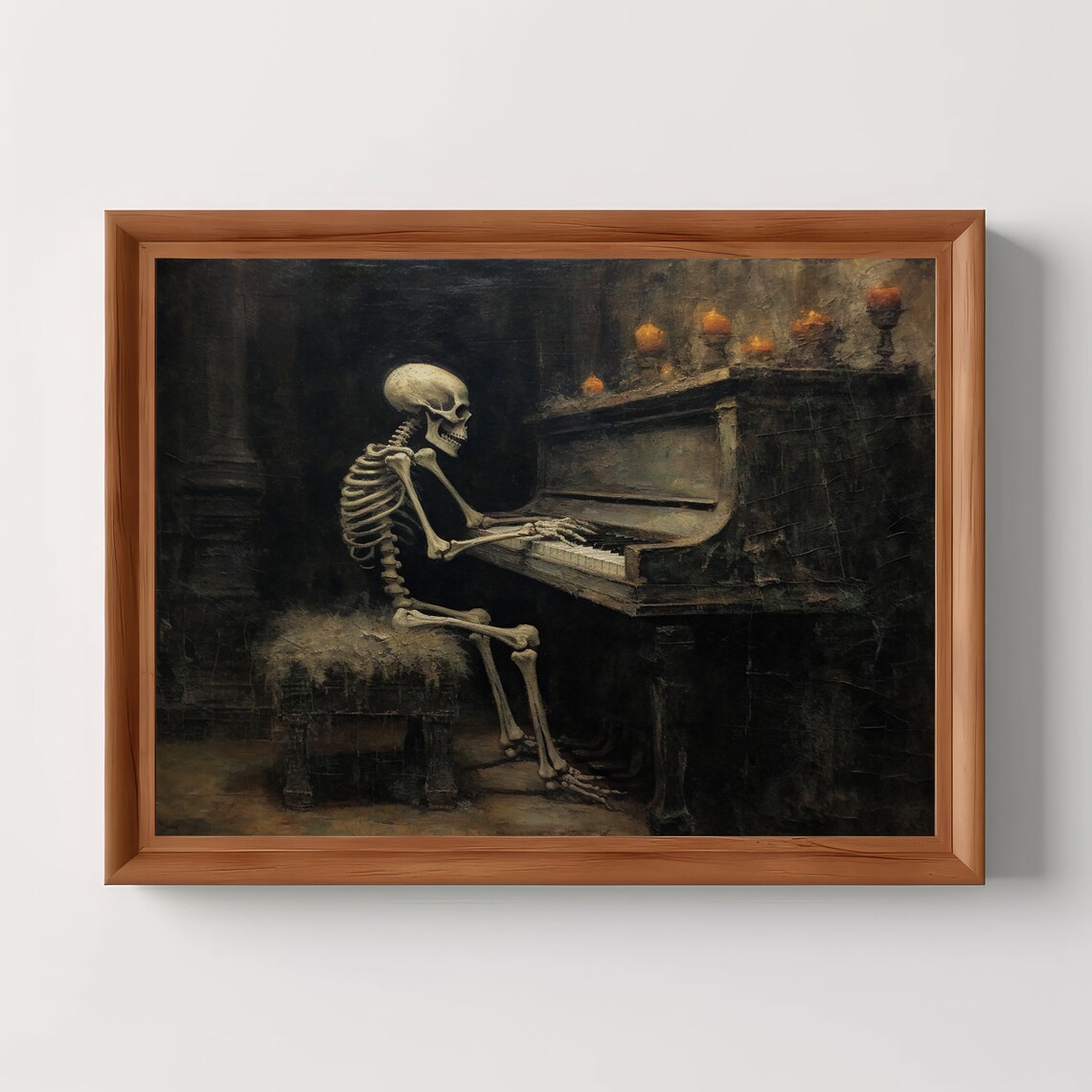 Skeleton Playing Piano Candlelit Gothic Oil Painting Art Poster