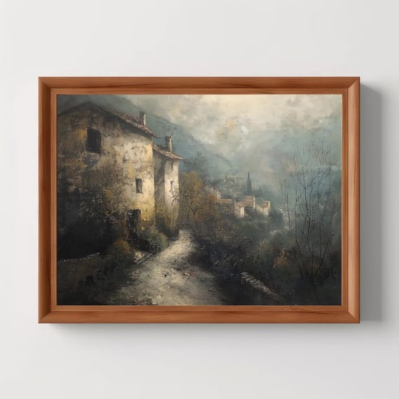 Misty Village Vintage Muted Landscape Moody Wall Art Antique Italy Painting Rustic Print