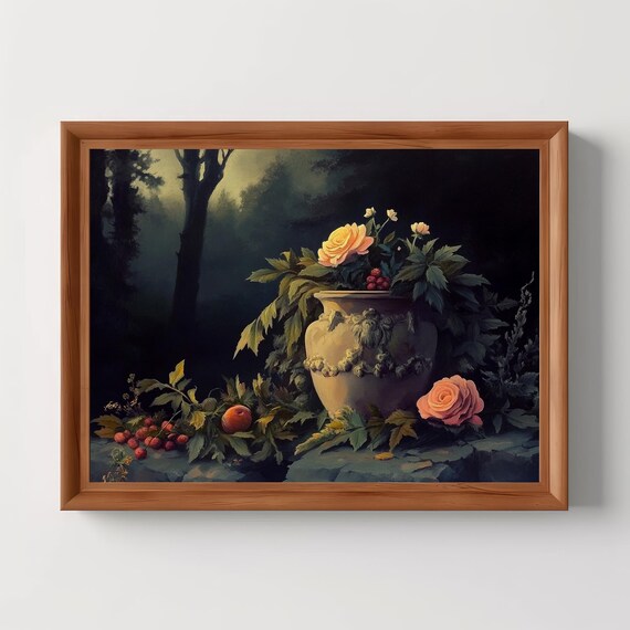 Twilight Garden Still Life Roses Urn Moody Dark Floral Oil Painting Poster