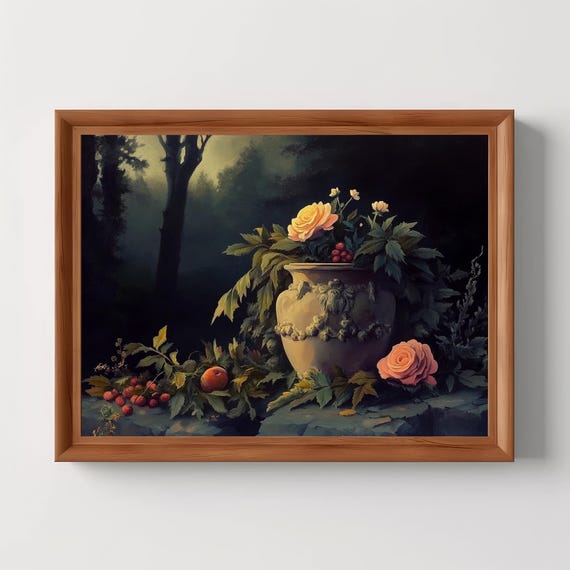 Twilight Garden Vintage Still Life Art Print Dark Academia Moody Wall Botanical Decor Goth