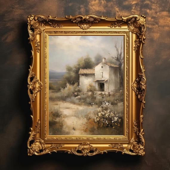 Rustic Cottage Vintage Painting Large Wall Art Neutral Decor Rural Homestead Moody