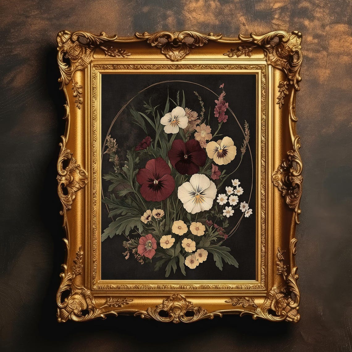 Dark Botanical Pansies Bouquet Black Vintage Moody Goth Floral Poster