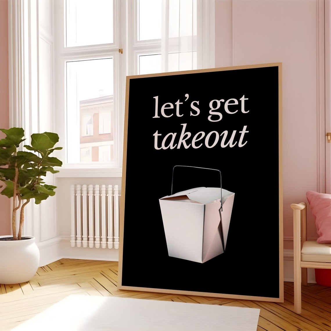 Lets Get Takeout White Takeout Box Retro Black Kitchen Poster