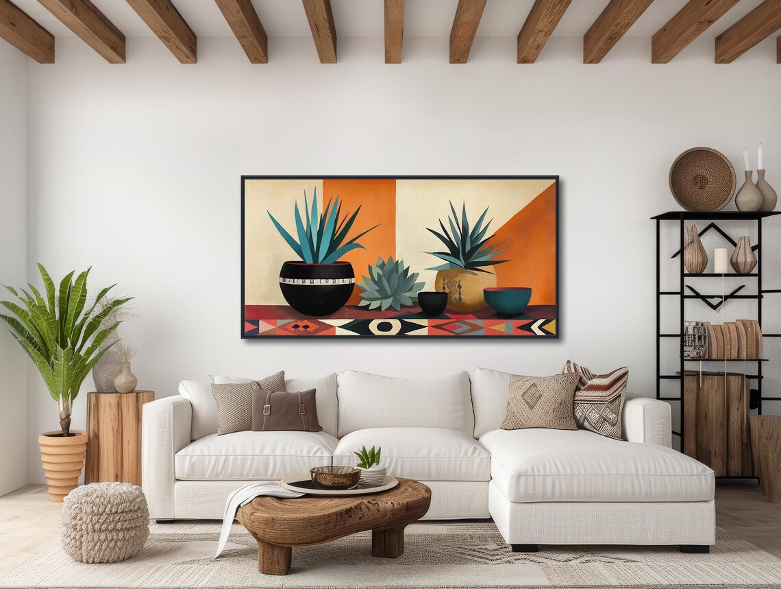 Southwestern Agave Pottery Still Life Painting Bold Orange Wall Art Poster - Image 3
