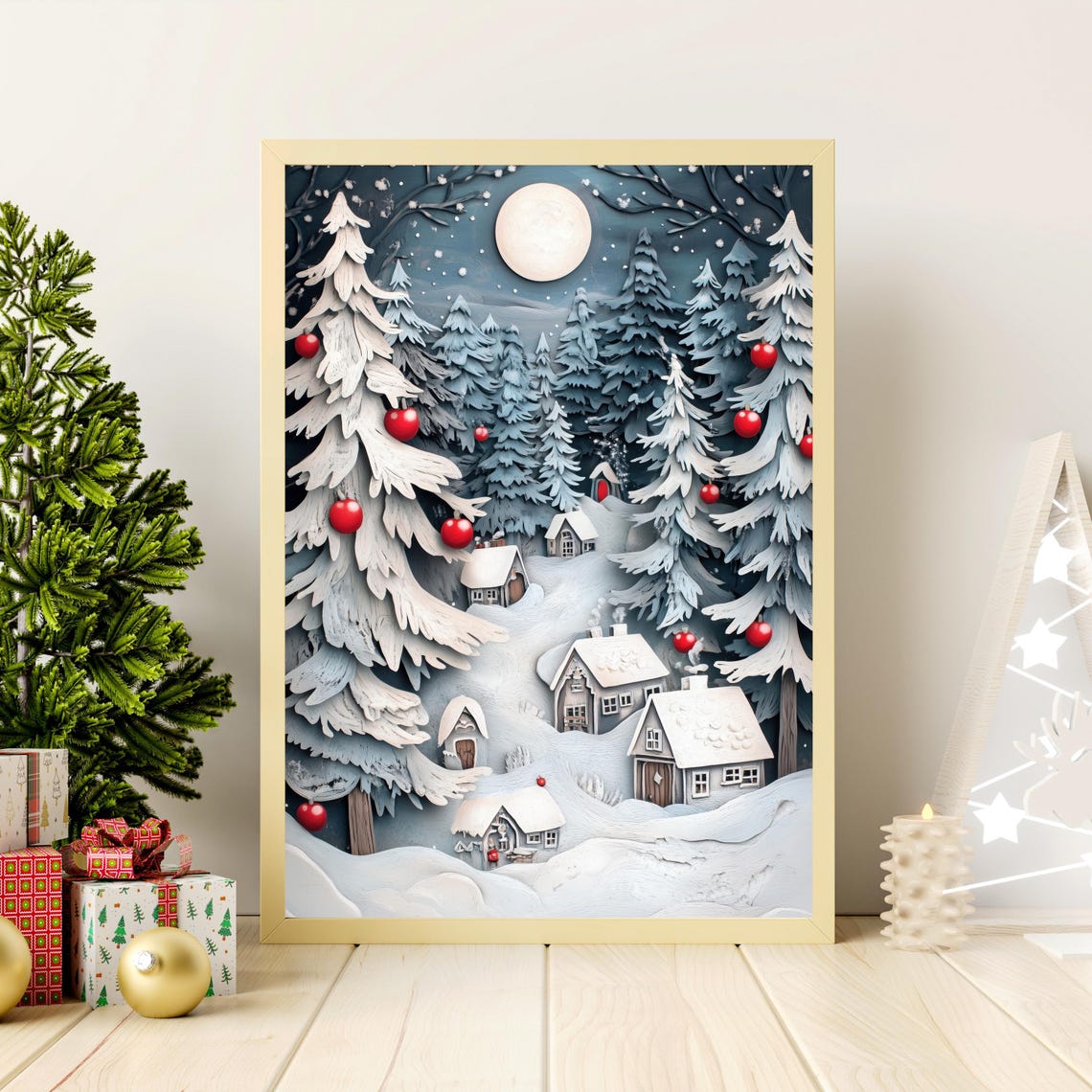 Whimsical Paper Cut Snowy Christmas Village Under Moon Poster