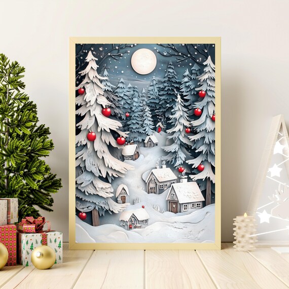 Whimsical Paper Cut Snowy Christmas Village Under Moon Poster