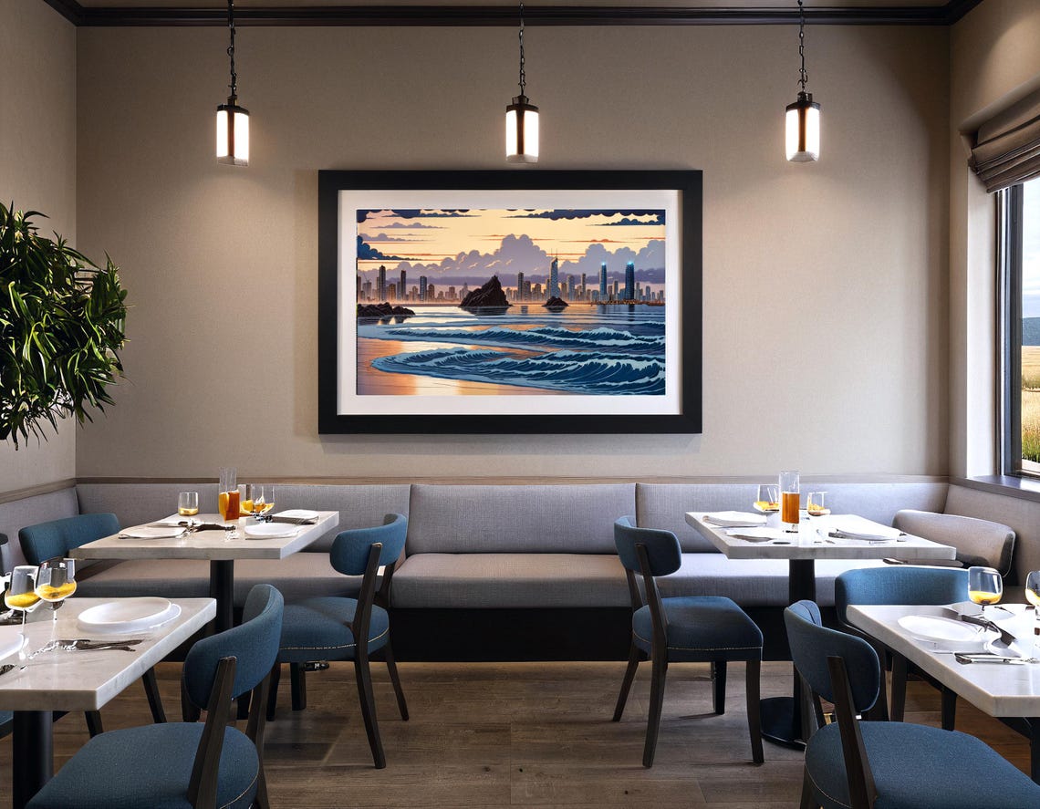 Gold Coast Currumbin Beach Sunset Ukiyo E Surf Wave Art Poster - Image 2