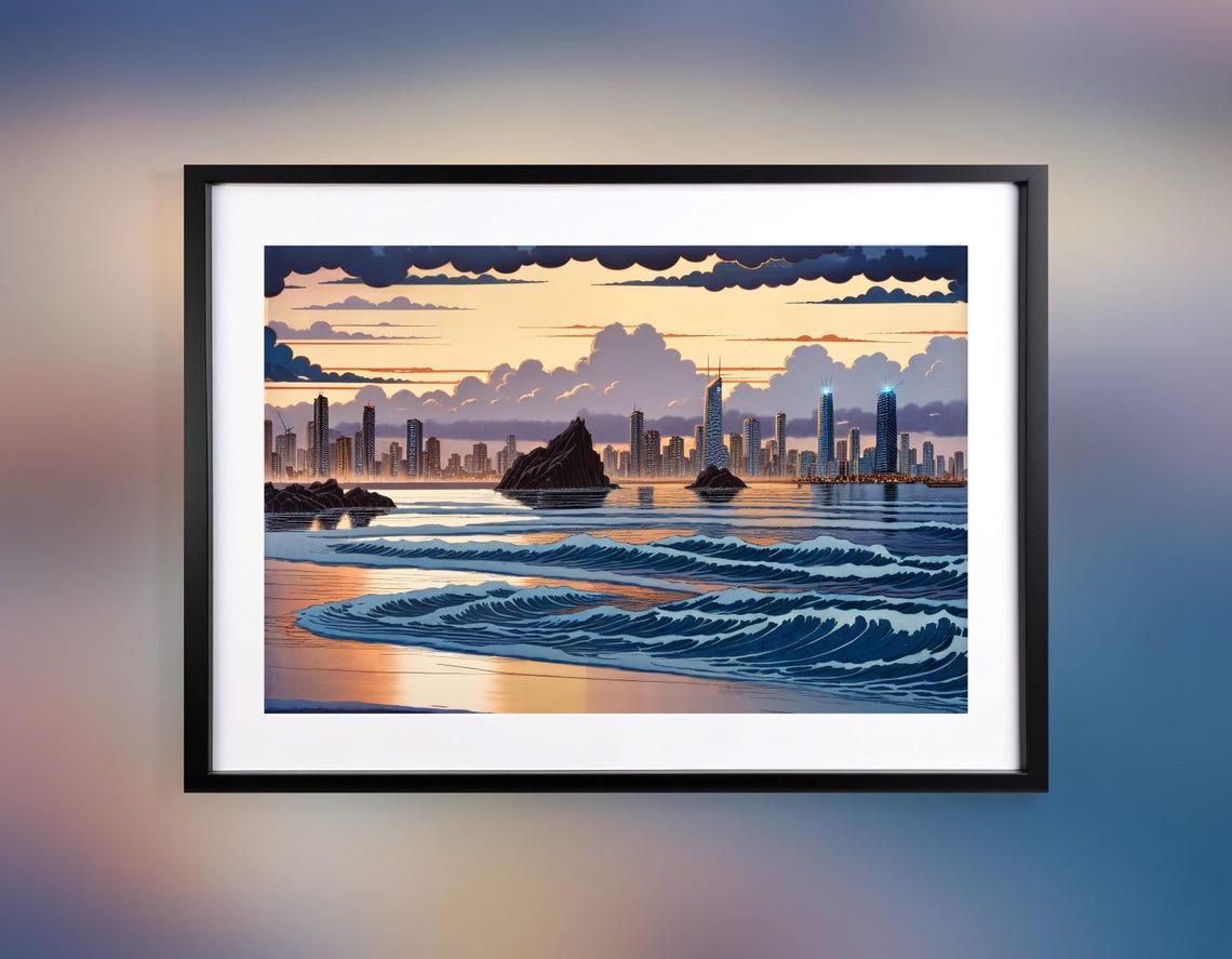 Gold Coast Currumbin Beach Sunset Ukiyo E Surf Wave Art Poster