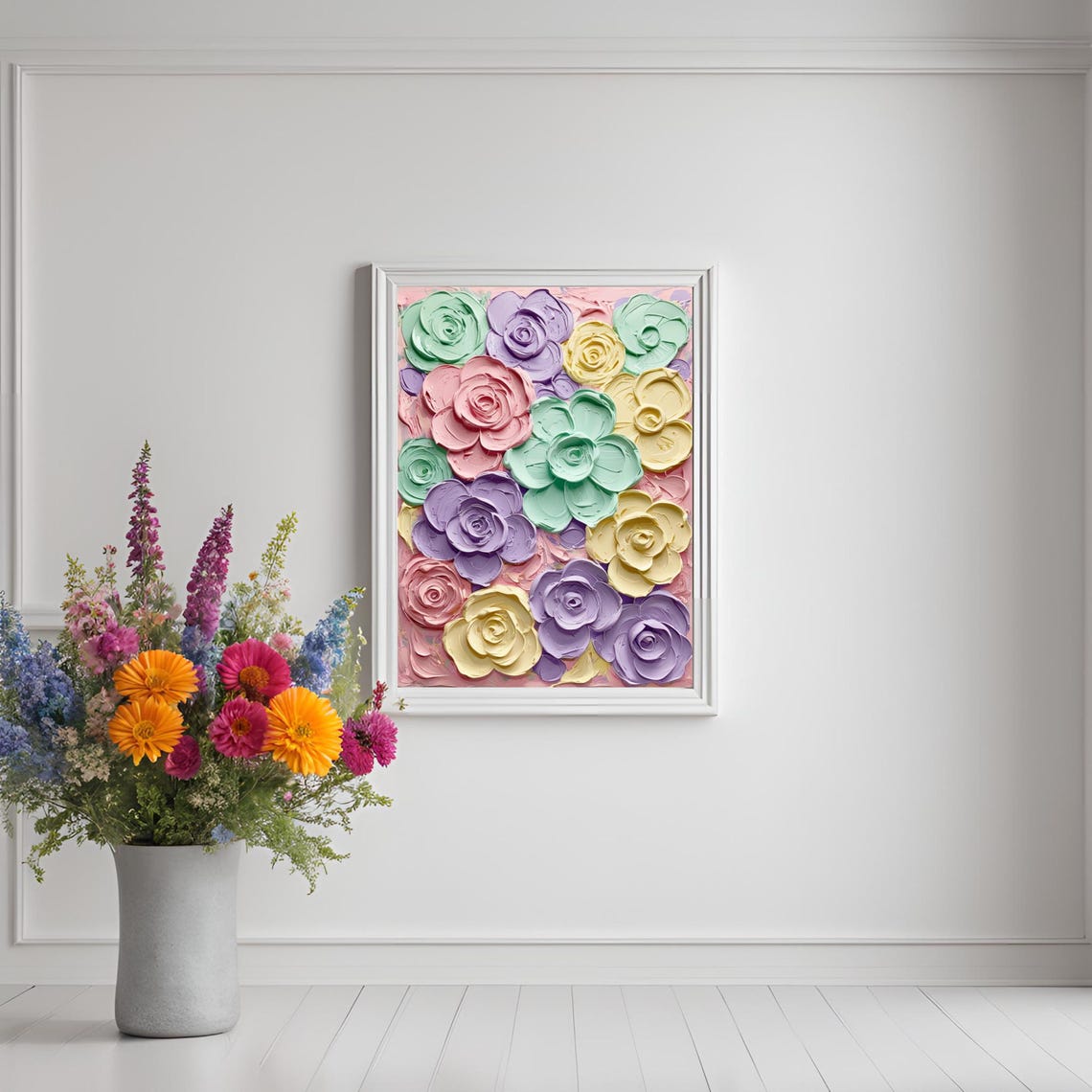 Pastel Petal Symphony Impasto Rose Garden Square Floral Wall Art - Image 3