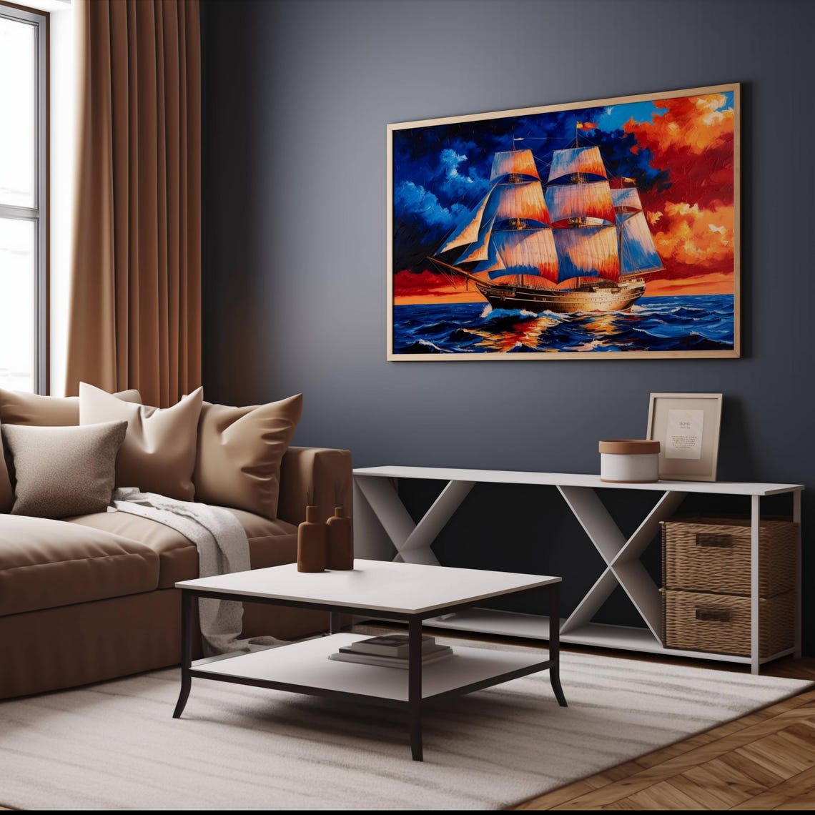 Tall Ship Sailing Sunset Vibrant Ocean Maritime Painting Poster - Image 2