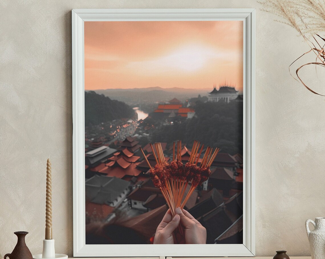 Bali Satay Skewers Held Over Rooftops At Sunset Travel Poster