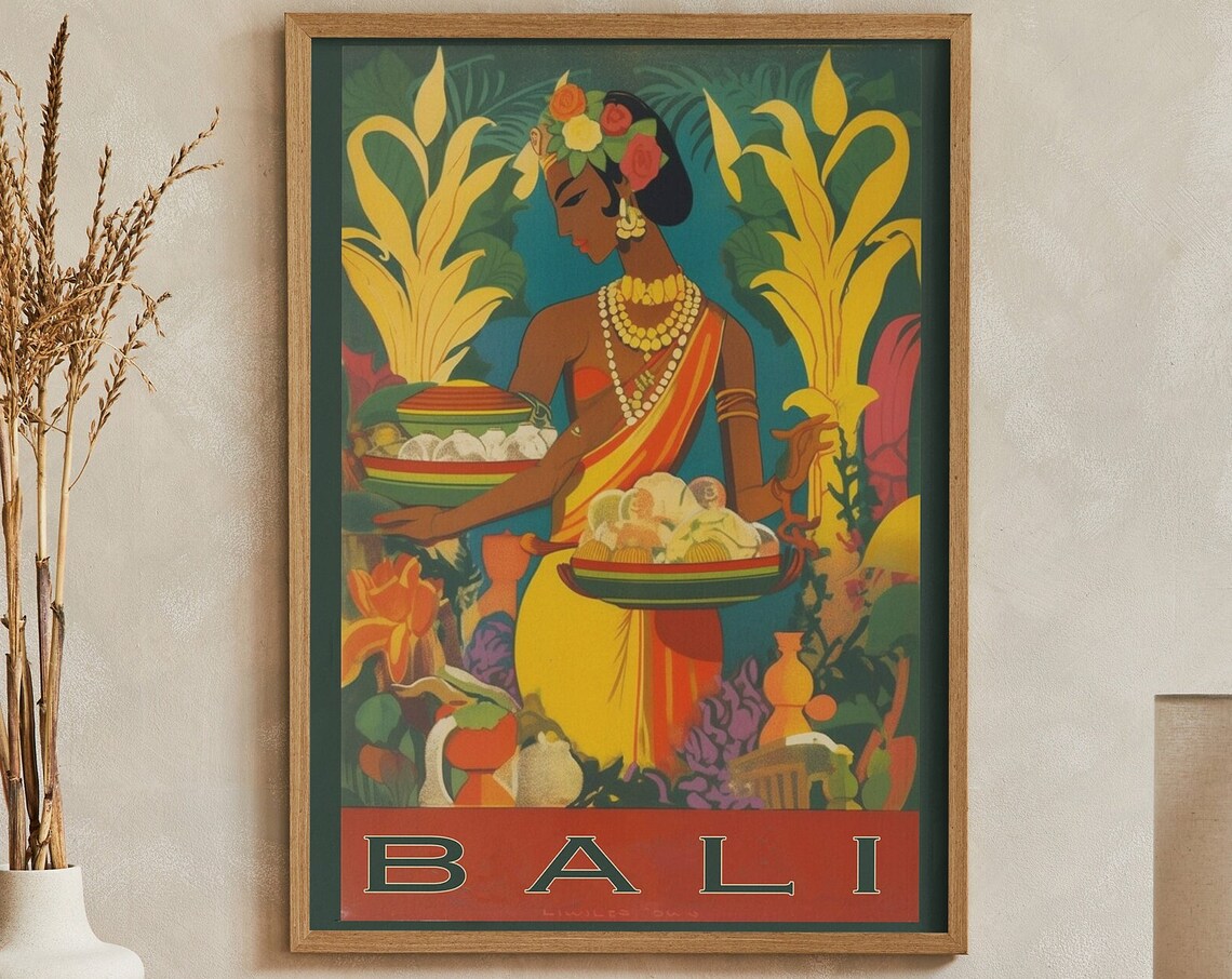 Bali Indonesia Vintage Art Deco Tropical Island Travel Poster