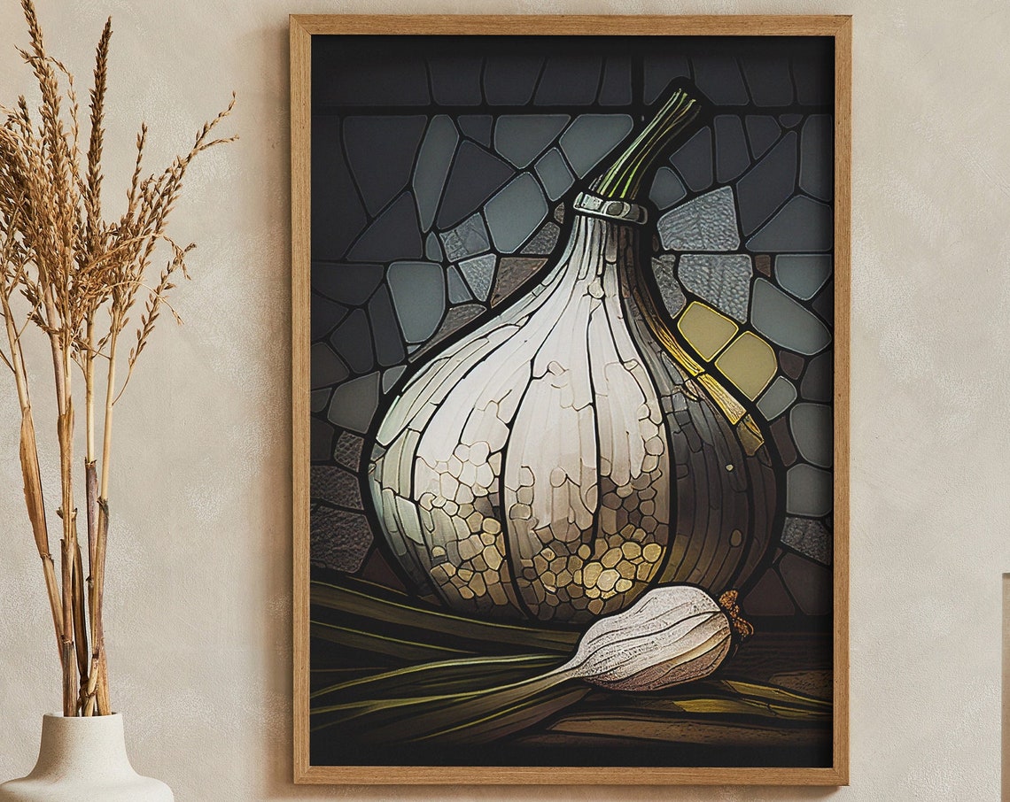 Garlic Bulb Stained Glass Art Dark Mosaic Kitchen Wall Print