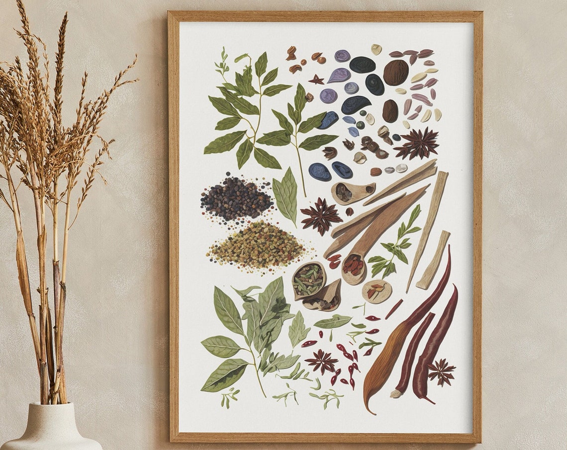Herbs and Spices Flat Lay Botanical Culinary Kitchen Wall Print