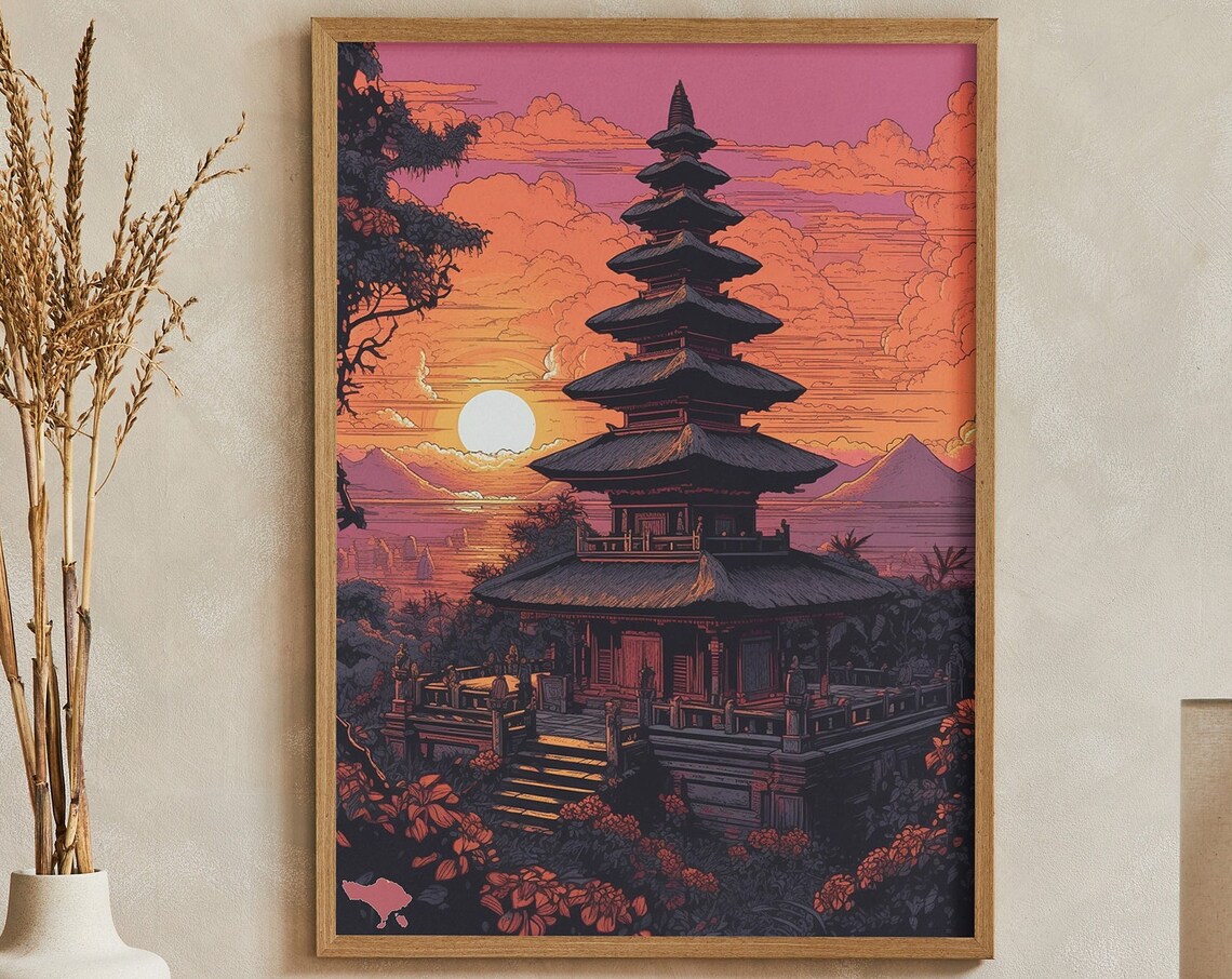 Bali Besakih Temple Pagoda At Sunset Woodblock Style Art Poster